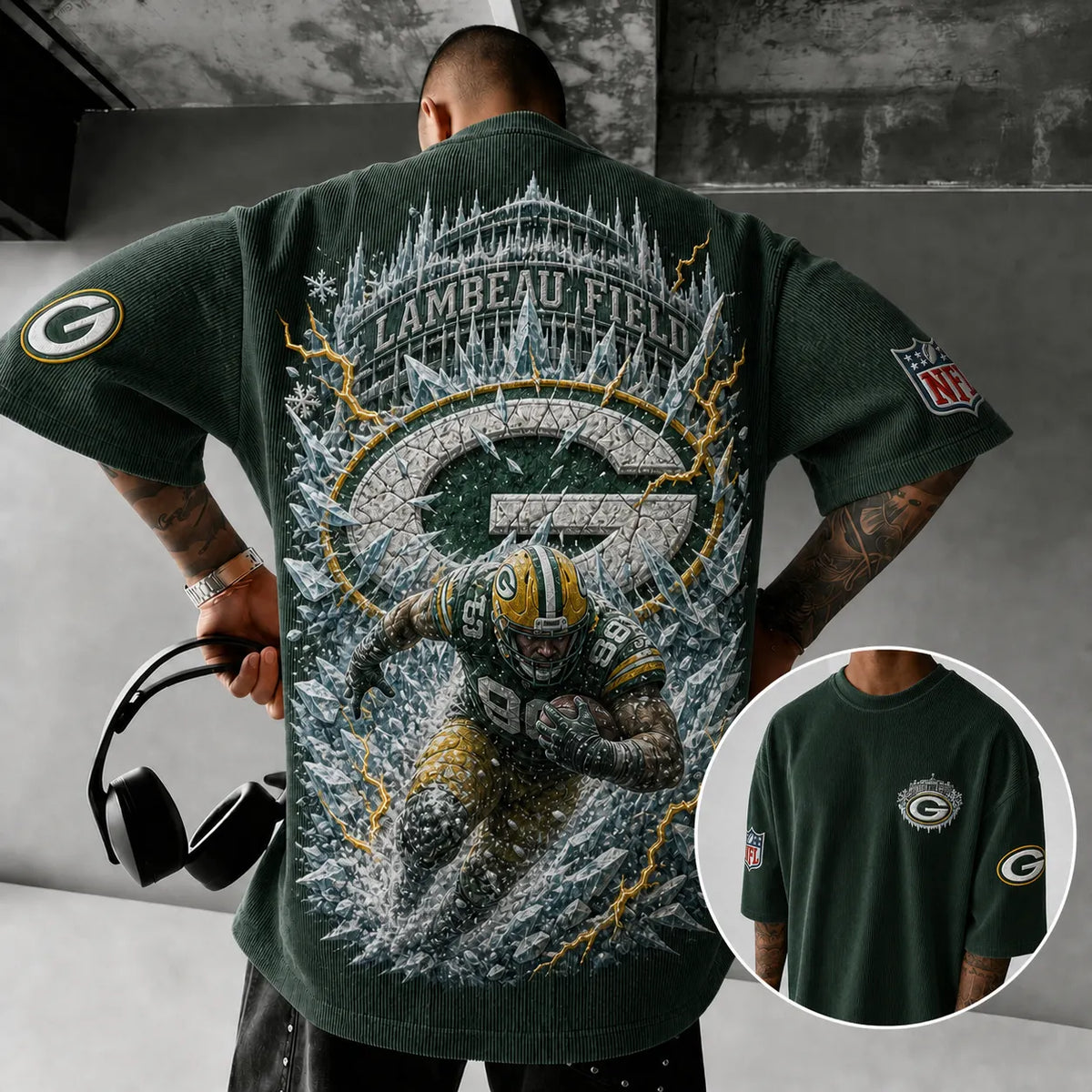 Unisex Loose-Fit Vertical-Stripe Short-Sleeve T-Shirt With Rugby Print
