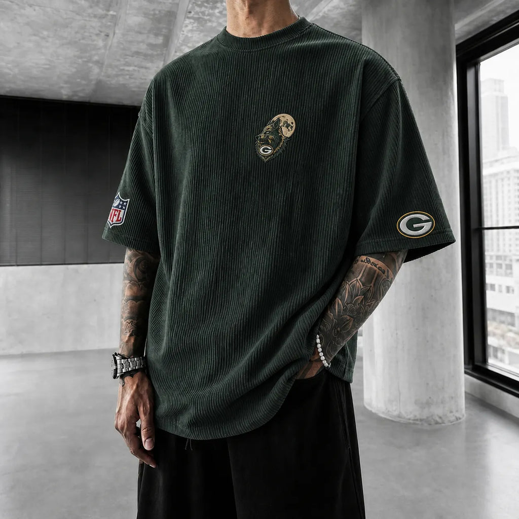 Unisex Loose-Fit Vertical-Stripe Short-Sleeve T-Shirt With Rugby Print