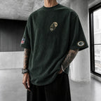 Unisex Loose-Fit Vertical-Stripe Short-Sleeve T-Shirt With Rugby Print