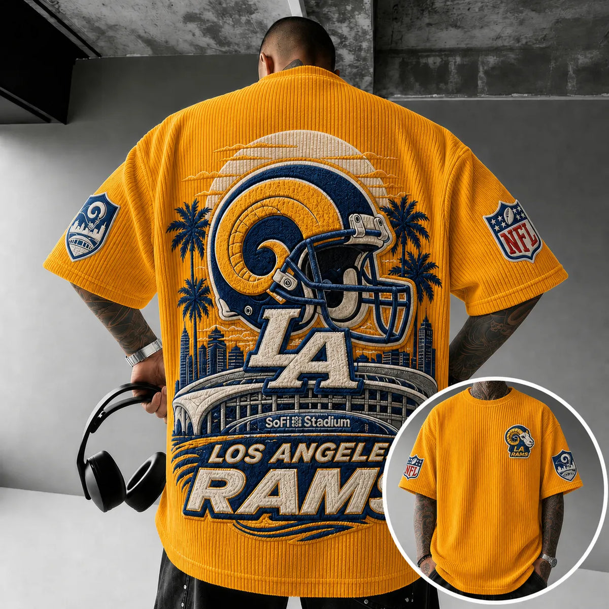 Unisex Loose-Fit Vertical-Stripe Short-Sleeve T-Shirt With Rugby Print