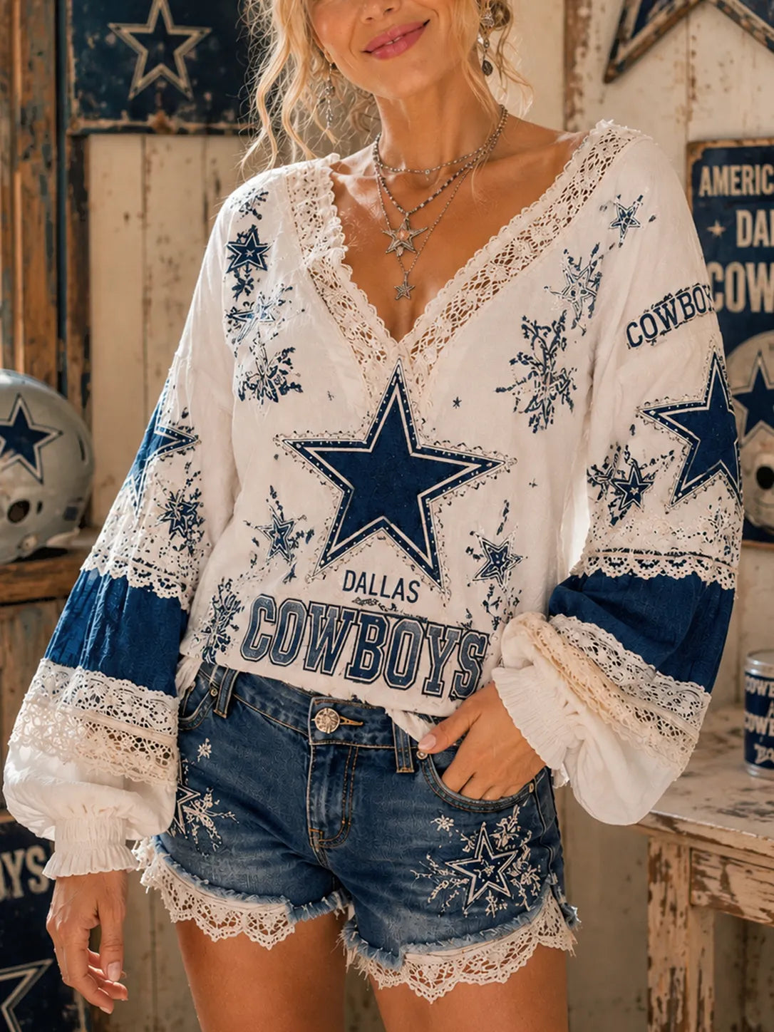 High-quality Fabric V-Neck Lace-Trimmed Football Fans Tee