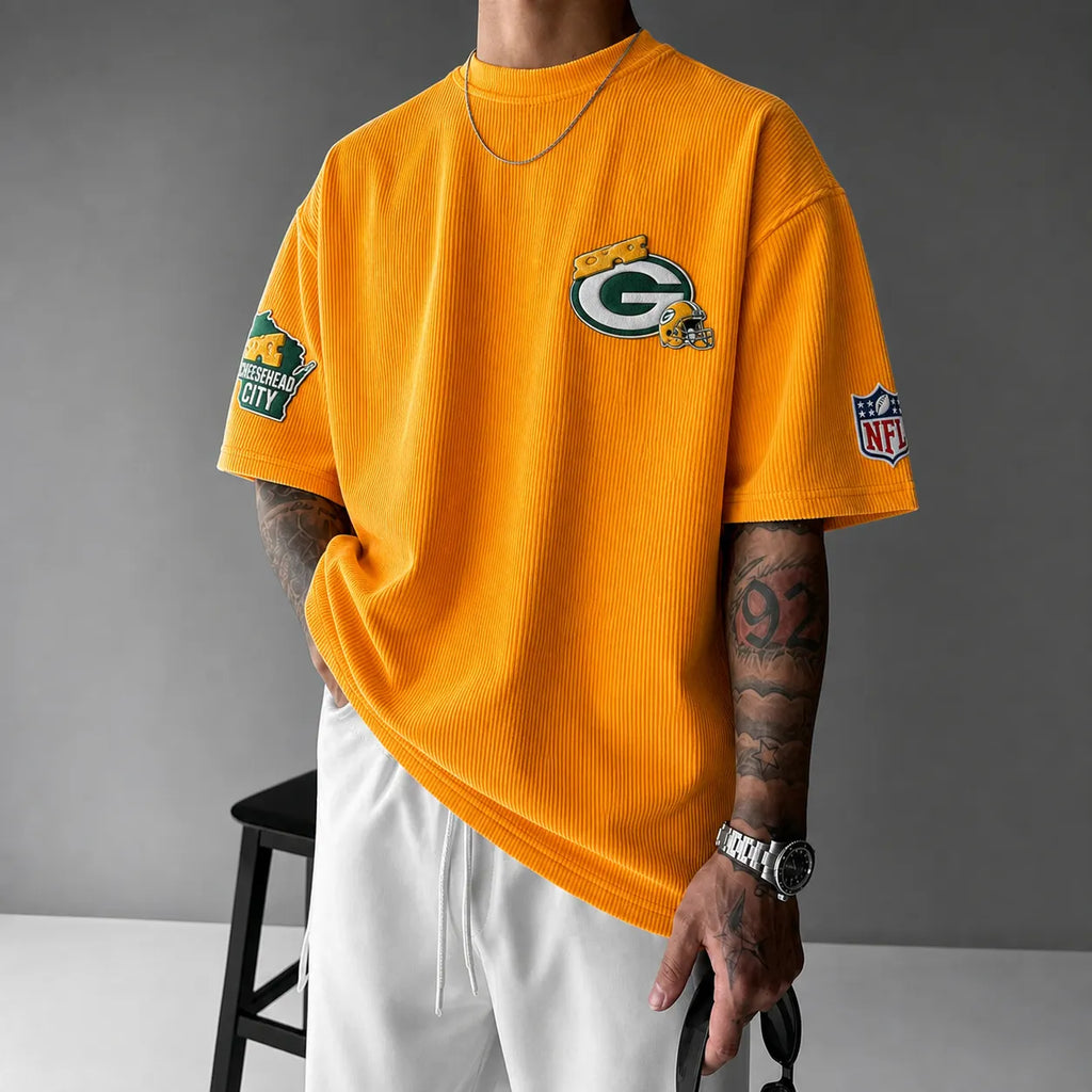 Unisex Loose-Fit Vertical-Stripe Short-Sleeve T-Shirt With Rugby Print