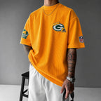 Unisex Loose-Fit Vertical-Stripe Short-Sleeve T-Shirt With Rugby Print
