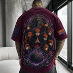 Unisex Oversized Anime-Print Vertical-Stripe Short-Sleeve T-Shirt