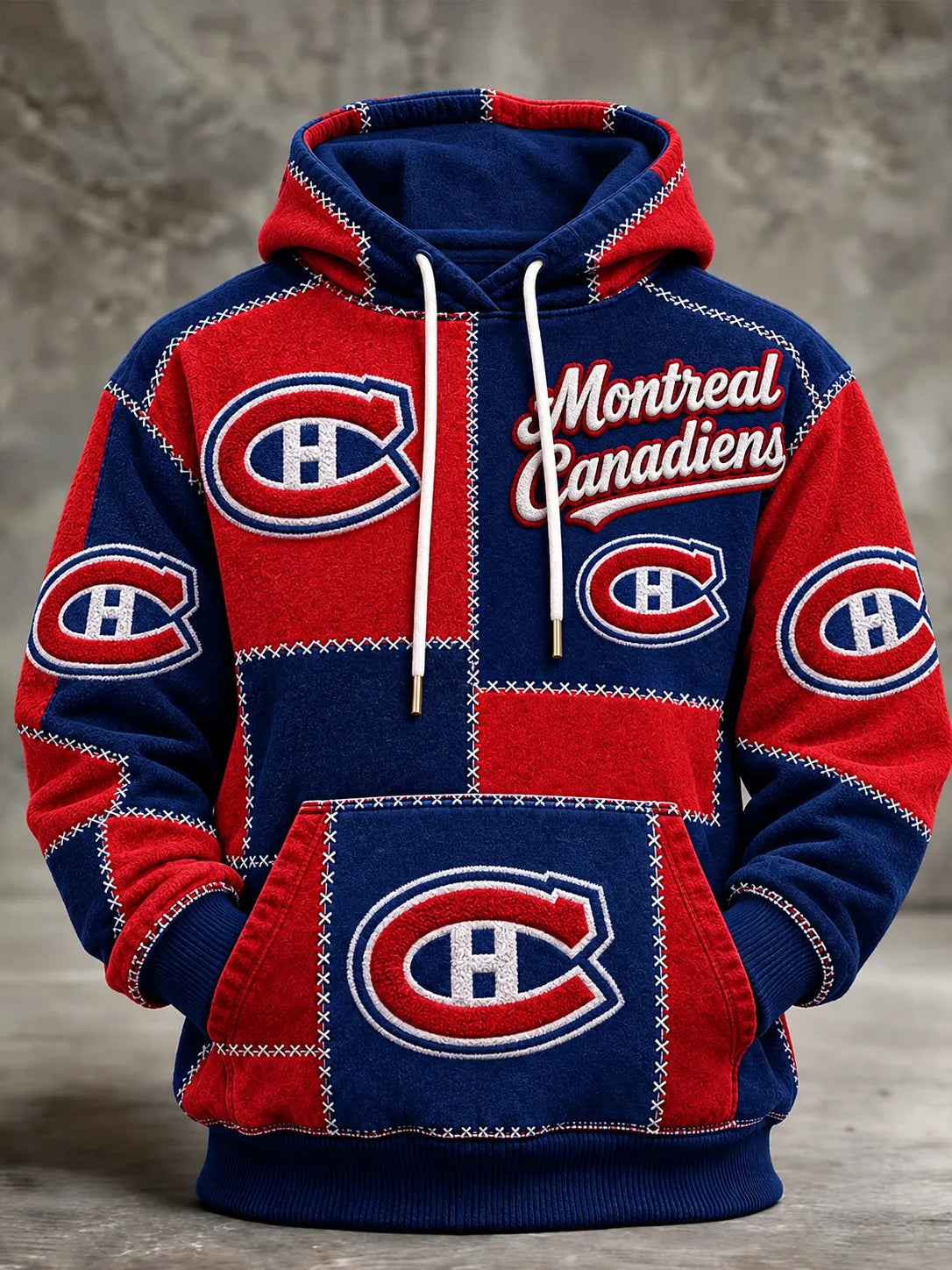 Men's Red And Blue Patchwork Pullover Hoodie With Contrast Stitching