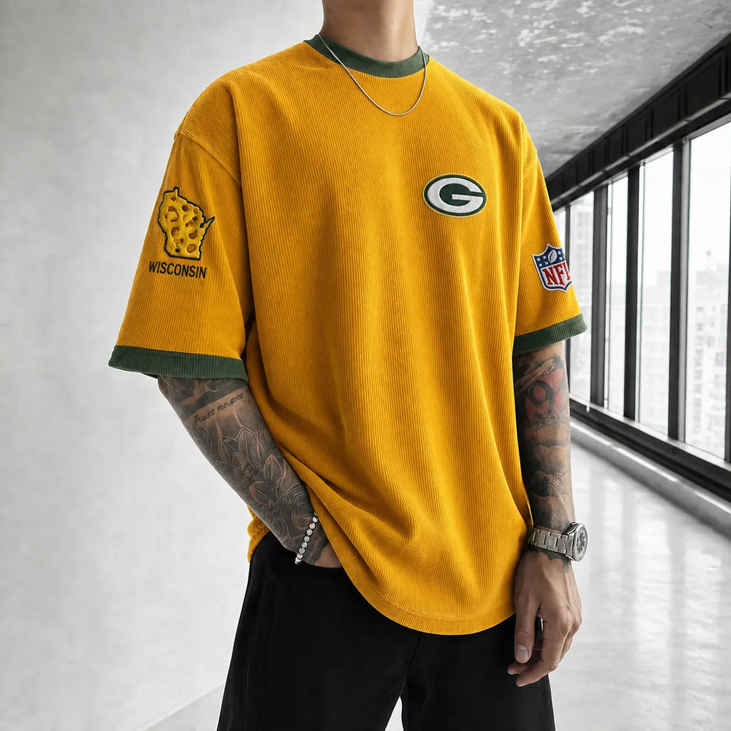 Unisex Loose-Fit Vertical-Stripe Short-Sleeve T-Shirt With Rugby Print