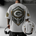 Unisex Loose-Fit Vertical-Stripe Short-Sleeve T-Shirt With Rugby Print