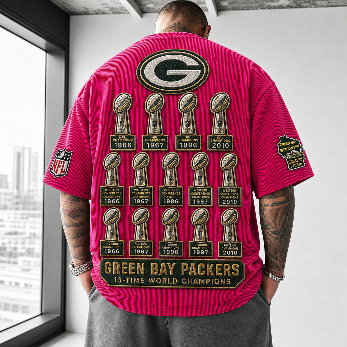 Unisex Loose-Fit Vertical-Stripe Short-Sleeve T-Shirt With Rugby Print