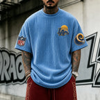 Unisex Loose-Fit Vertical-Stripe Short-Sleeve T-Shirt With Rugby Print
