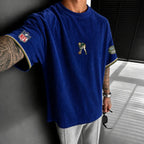 Unisex Loose-Fit Vertical-Stripe Short-Sleeve T-Shirt With Rugby Print
