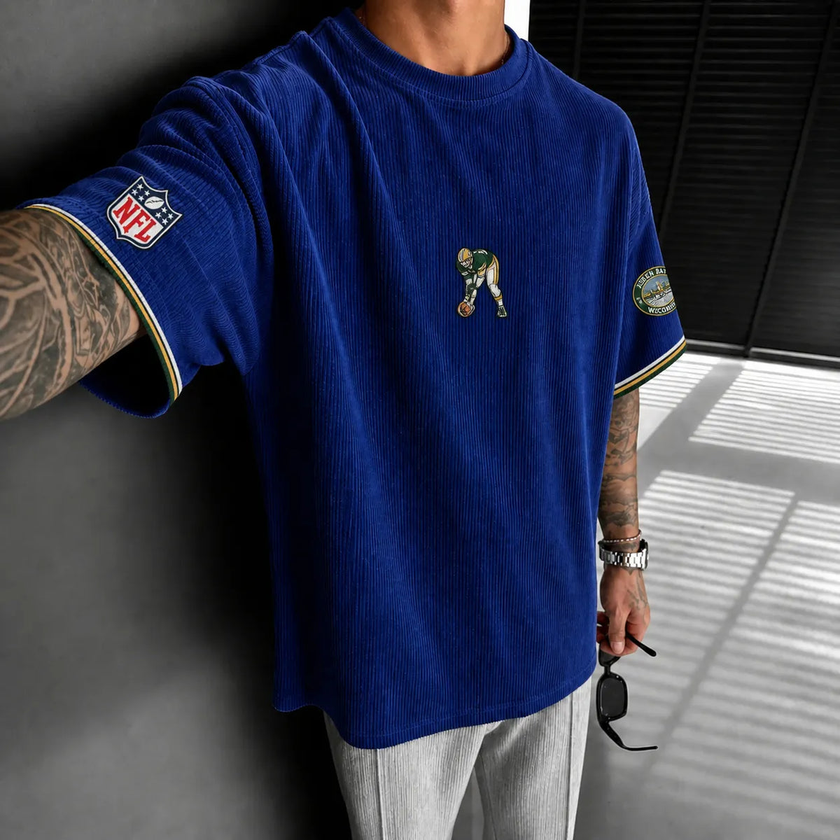 Unisex Loose-Fit Vertical-Stripe Short-Sleeve T-Shirt With Rugby Print