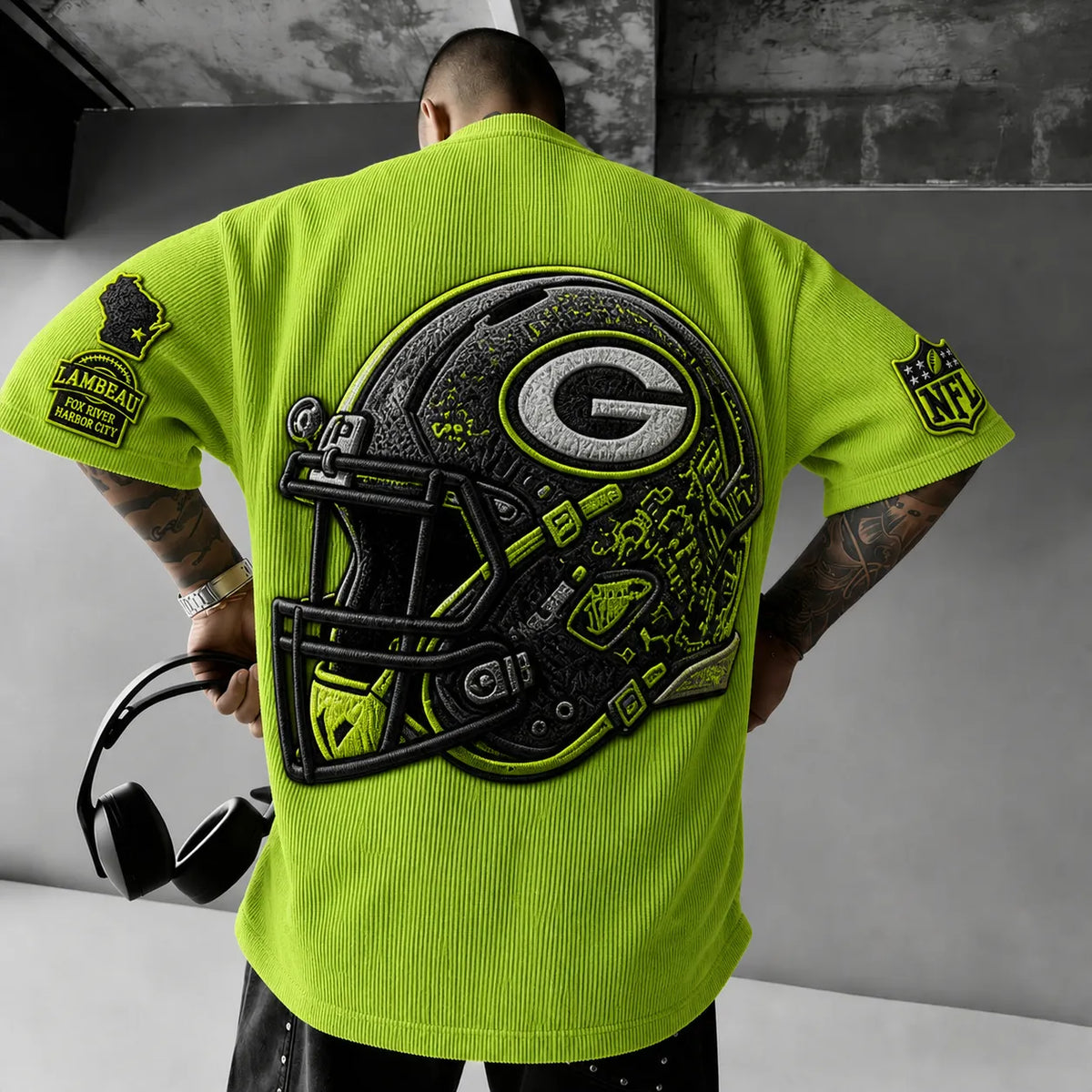 Unisex Loose-Fit Vertical-Stripe Short-Sleeve T-Shirt With Rugby Print