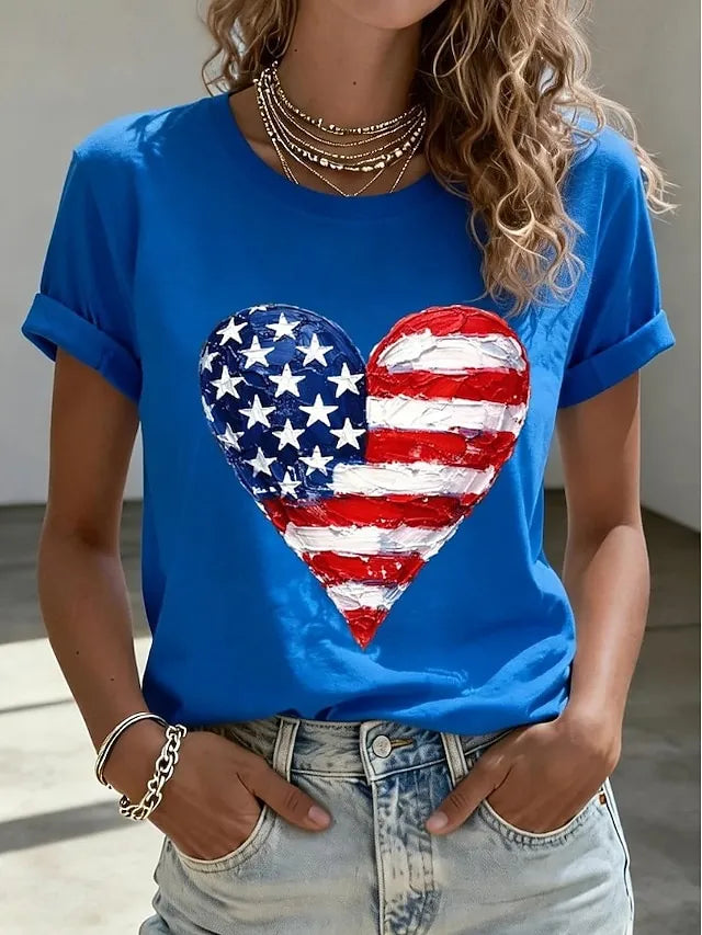 Women's American Flag Heart Patriotic Casual T-Shirt