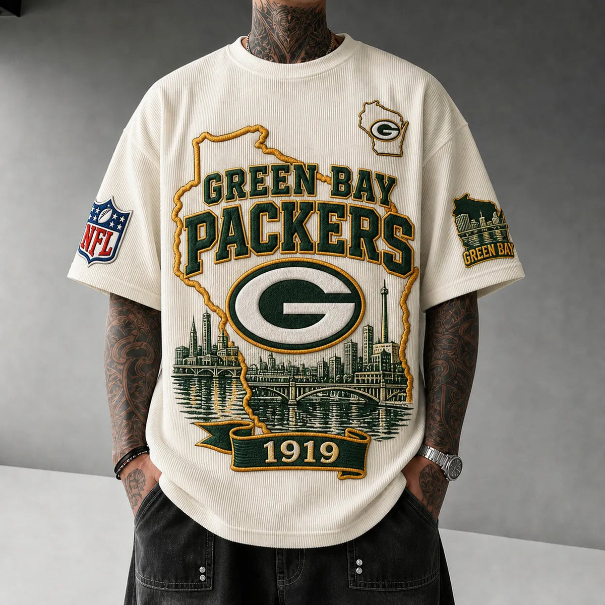 Unisex Loose-Fit Vertical-Stripe Short-Sleeve T-Shirt With Rugby Print