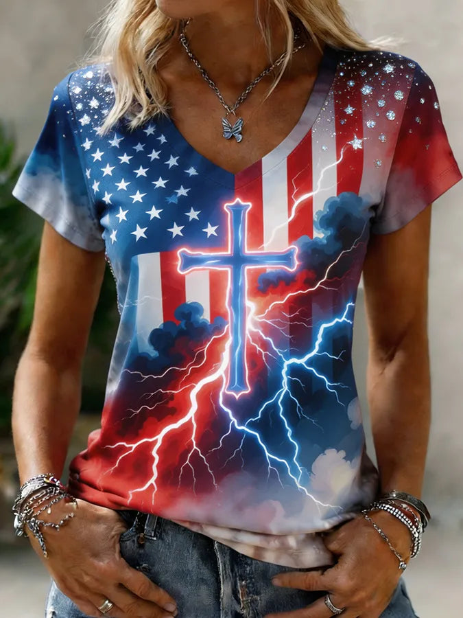 Women's Christian Cross USA Flag Lightning Patriotic V-Neck T-Shirt