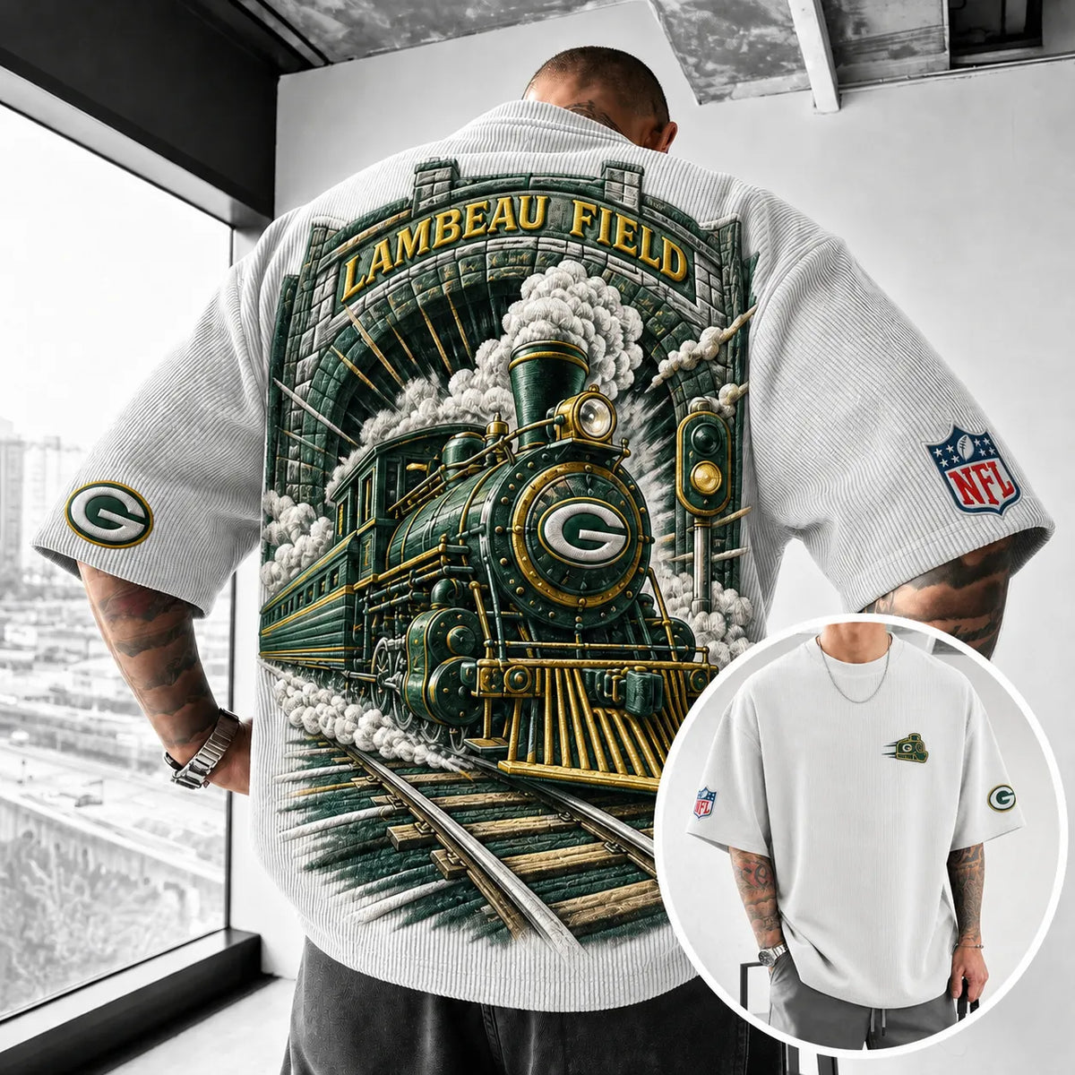 Unisex Loose-Fit Vertical-Stripe Short-Sleeve T-Shirt With Rugby Print