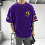 Unisex Loose-Fit Vertical-Stripe Short-Sleeve T-Shirt With Rugby Print