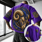 Unisex Loose-Fit Vertical-Stripe Short-Sleeve T-Shirt With Rugby Print