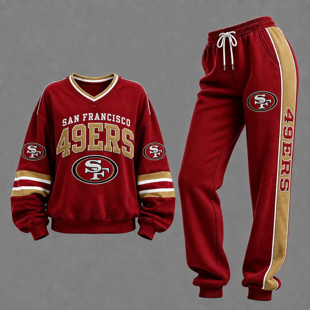 Women's Two-piece Set: Long-sleeve Sweatshirt And Pants With Soccer Print