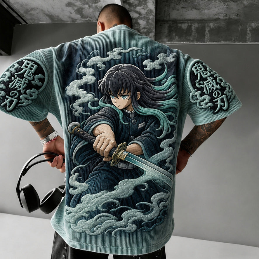 Unisex Oversized Anime-Print Vertical-Stripe Short-Sleeve T-Shirt