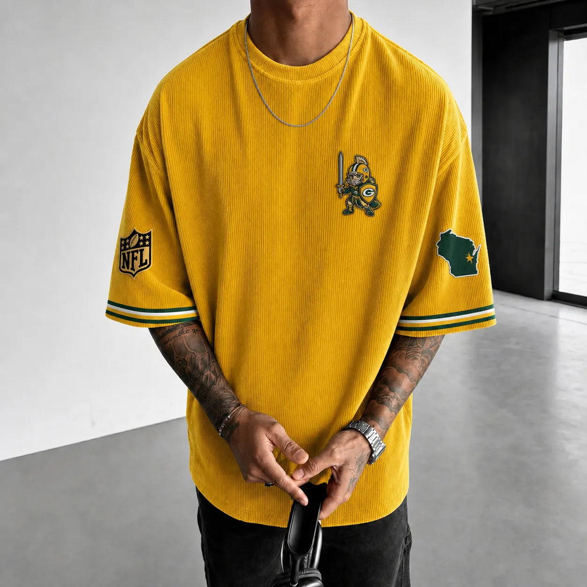 Unisex Loose-Fit Vertical-Stripe Short-Sleeve T-Shirt With Rugby Print