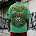 Unisex Loose-Fit Vertical-Stripe Short-Sleeve T-Shirt With Rugby Print