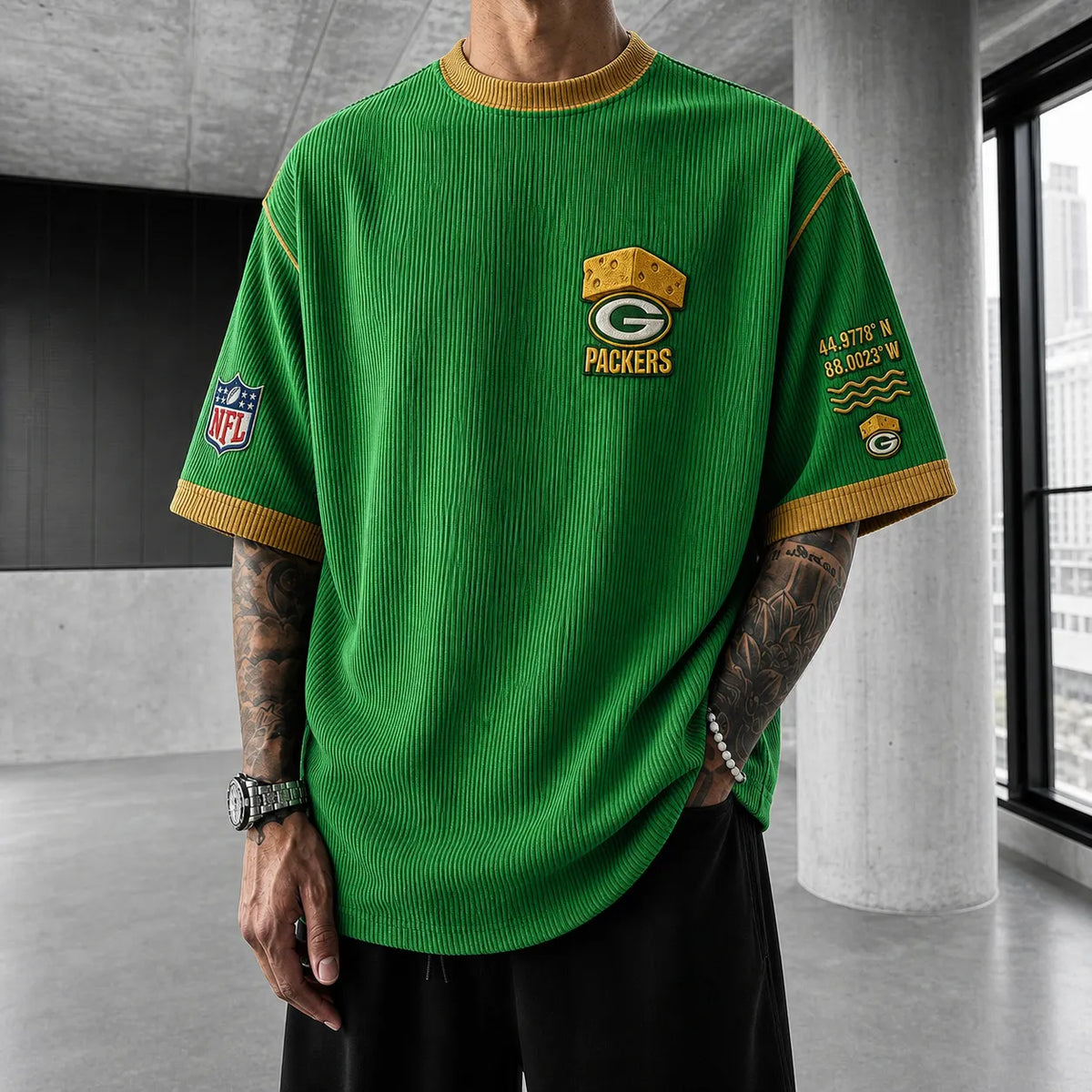 Unisex Loose-Fit Vertical-Stripe Short-Sleeve T-Shirt With Rugby Print