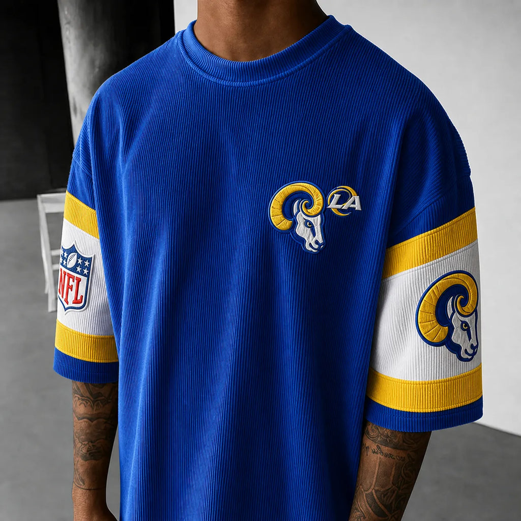 Unisex Loose-Fit Vertical-Stripe Short-Sleeve T-Shirt With Rugby Print