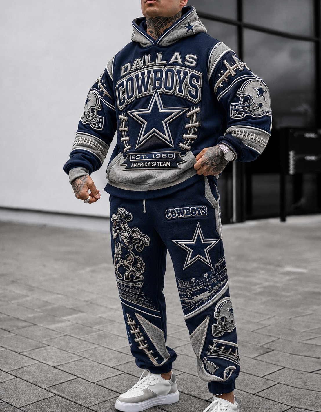 Premium Cotton-Blend Waffle Knit Hoodie And Jogger Set With Football Fans