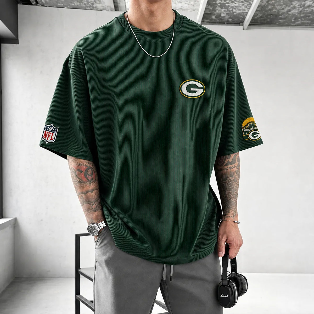 Unisex Loose-Fit Vertical-Stripe Short-Sleeve T-Shirt With Rugby Print