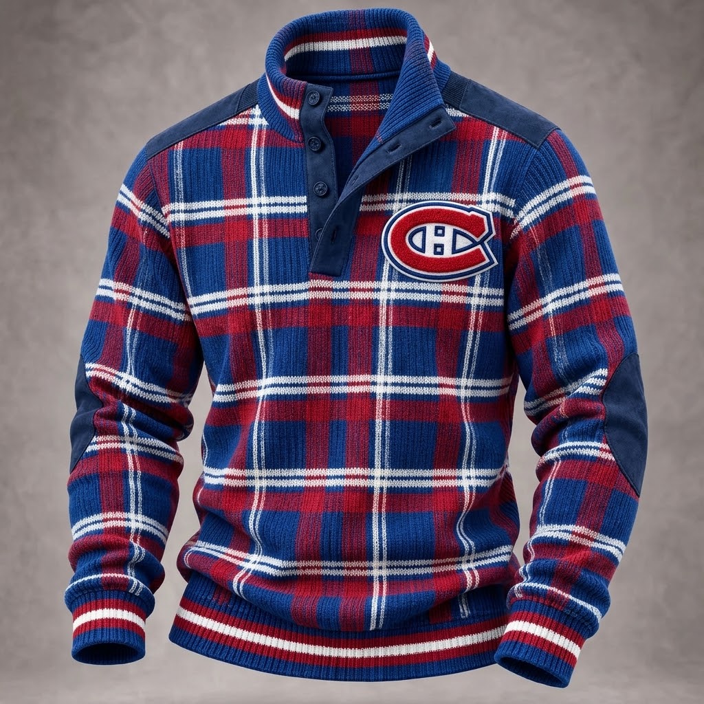 Men's Plaid Button Mock Neck Long-Sleeve Knit Sweater