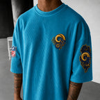 Unisex Loose-Fit Vertical-Stripe Short-Sleeve T-Shirt With Rugby Print