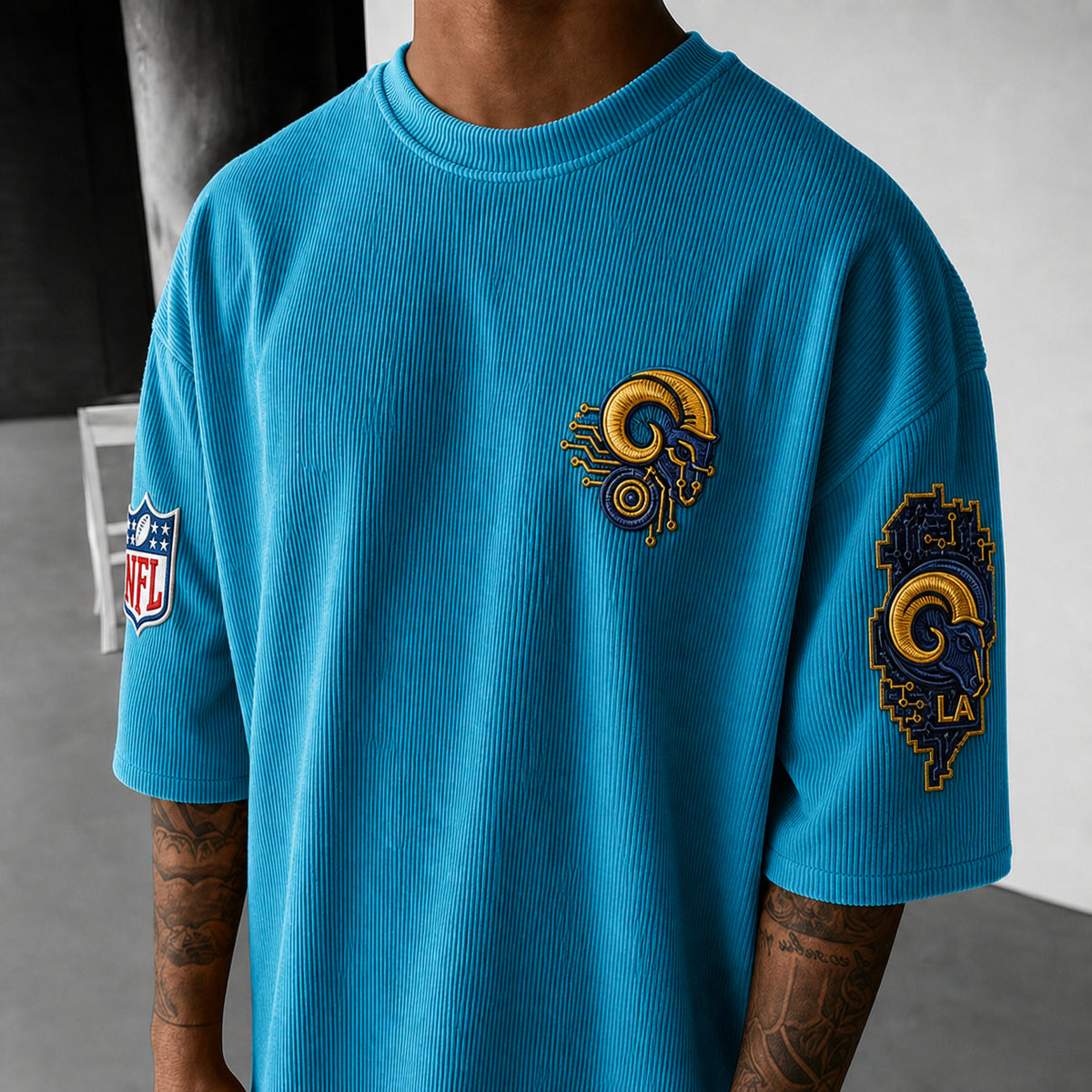 Unisex Loose-Fit Vertical-Stripe Short-Sleeve T-Shirt With Rugby Print