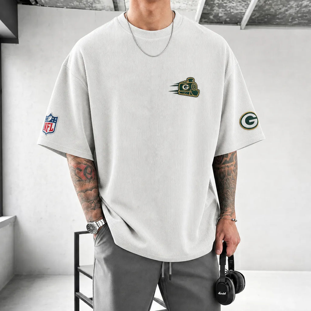 Unisex Loose-Fit Vertical-Stripe Short-Sleeve T-Shirt With Rugby Print