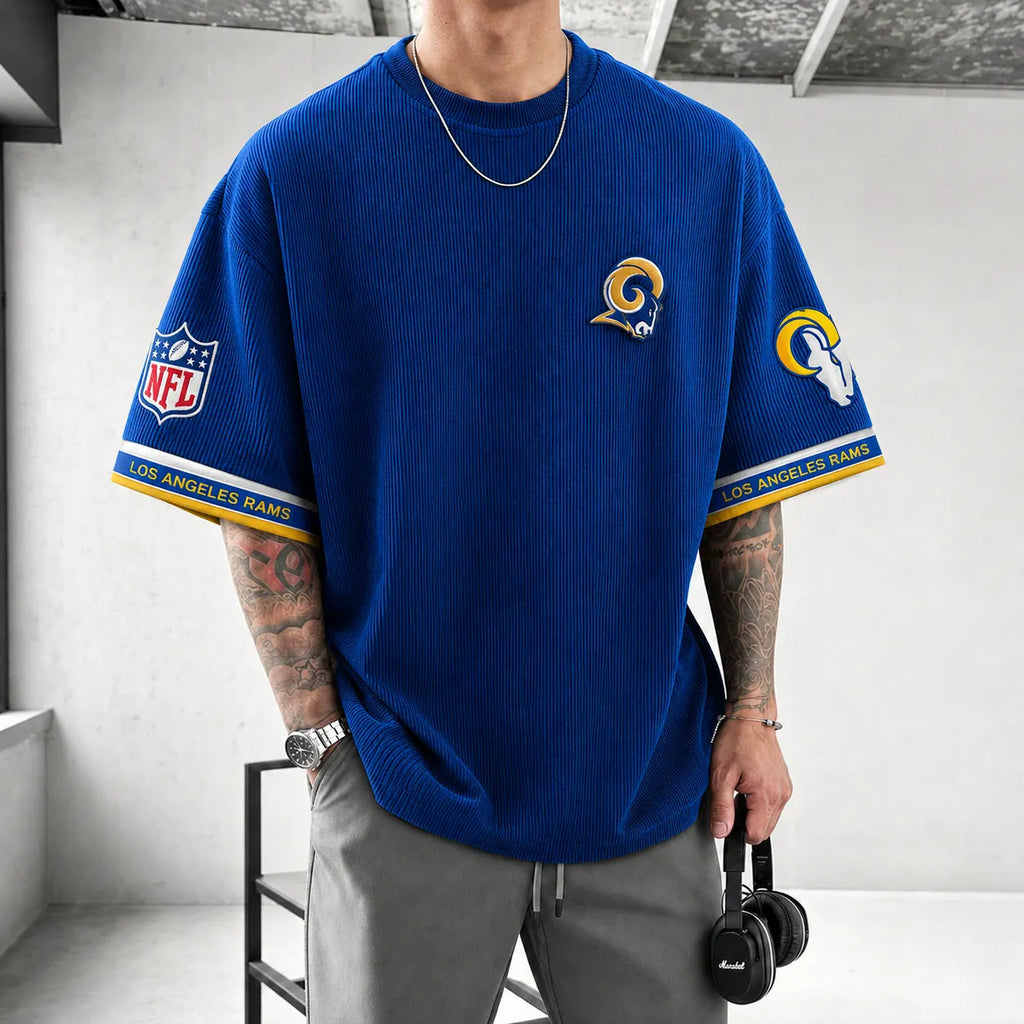 Unisex Loose-Fit Vertical-Stripe Short-Sleeve T-Shirt With Rugby Print