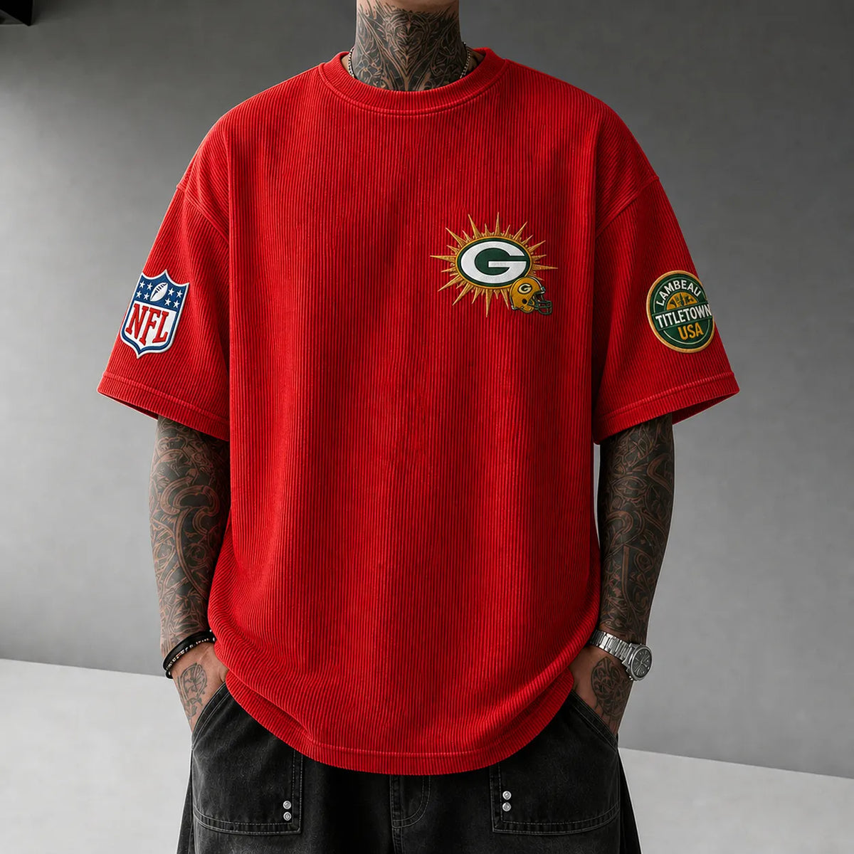 Unisex Loose-Fit Vertical-Stripe Short-Sleeve T-Shirt With Rugby Print