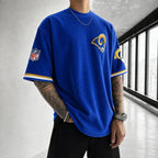 Unisex Loose-Fit Vertical-Stripe Short-Sleeve T-Shirt With Rugby Print