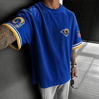 Unisex Loose-Fit Vertical-Stripe Short-Sleeve T-Shirt With Rugby Print