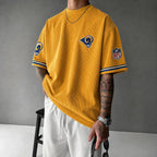 Unisex Loose-Fit Vertical-Stripe Short-Sleeve T-Shirt With Rugby Print