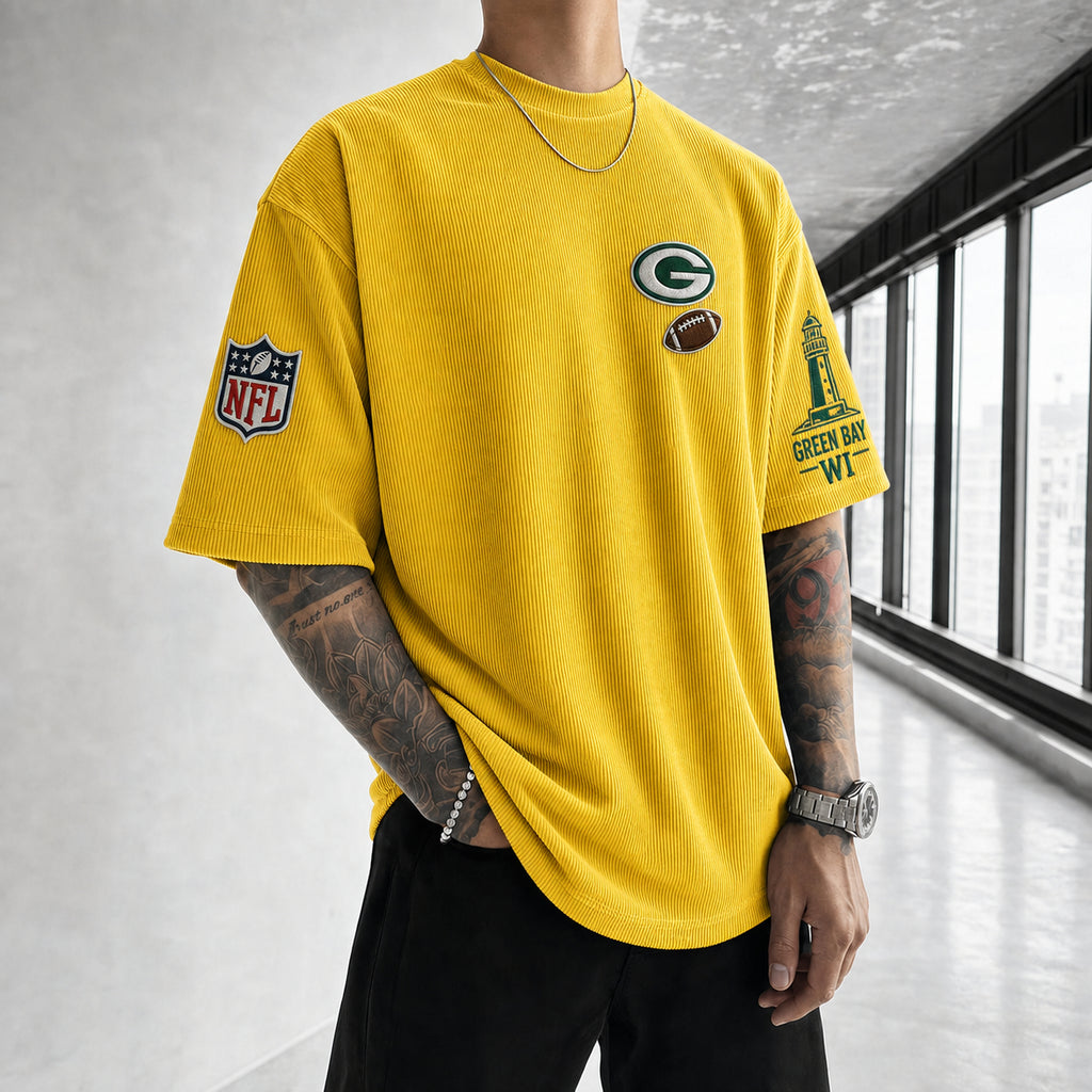 Unisex Loose-Fit Vertical-Stripe Short-Sleeve T-Shirt With Rugby Print