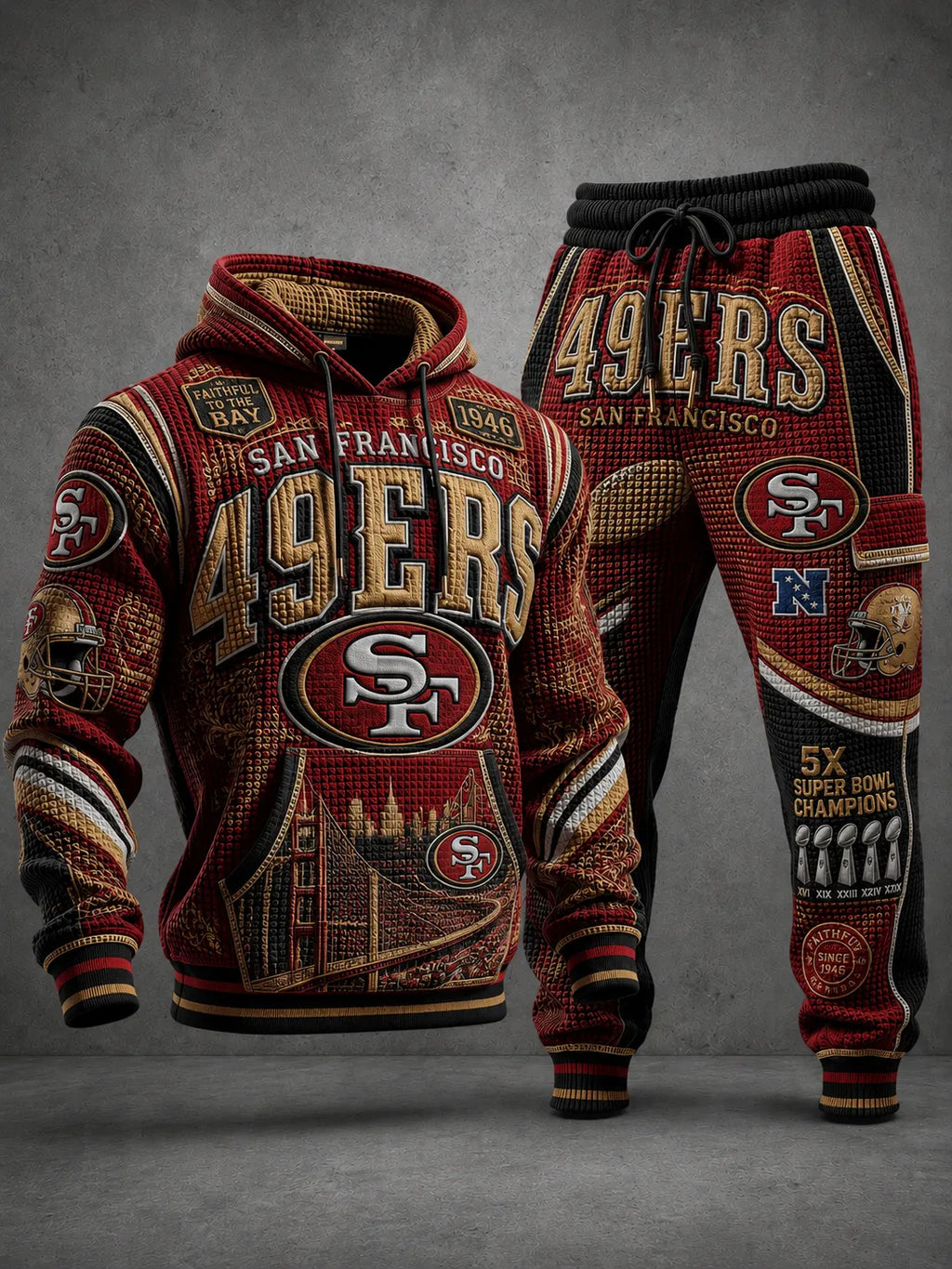 Premium Cotton-Blend Waffle Knit Hoodie And Jogger Set With Football Fans
