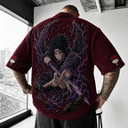 Unisex Oversized Anime-Print Vertical-Stripe Short-Sleeve T-Shirt