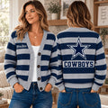 Women's Navy And Grey Striped Knit V-Neck Button Cardigan