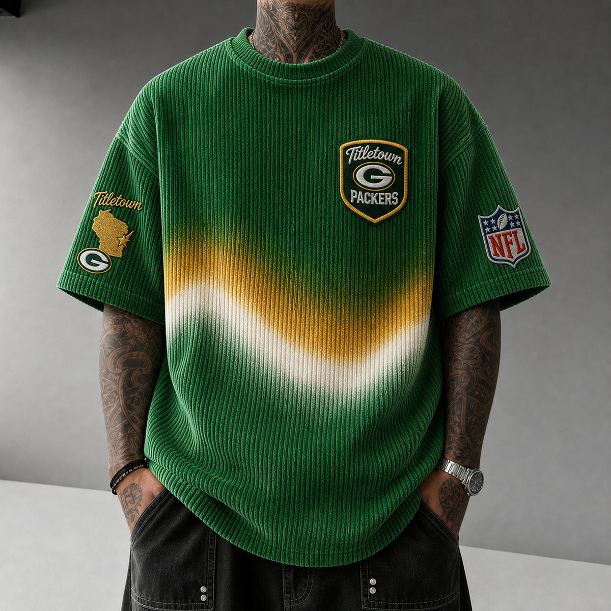 Unisex Loose-Fit Vertical-Stripe Short-Sleeve T-Shirt With Rugby Print