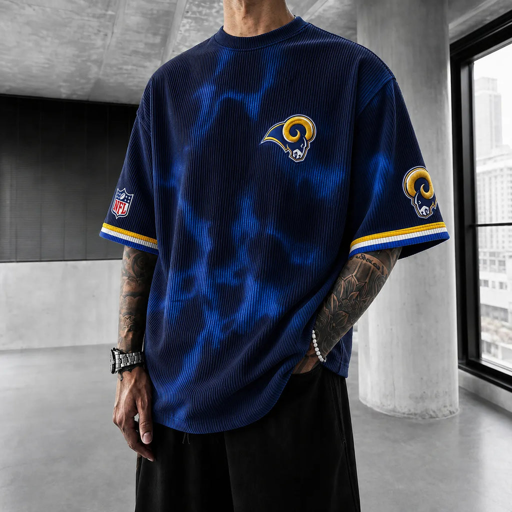 Unisex Loose-Fit Vertical-Stripe Short-Sleeve T-Shirt With Rugby Print