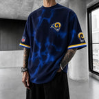 Unisex Loose-Fit Vertical-Stripe Short-Sleeve T-Shirt With Rugby Print