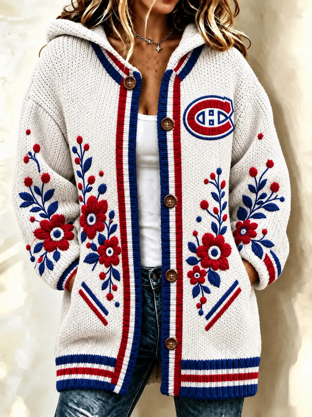 Women's Casual Hockey Print Knitted Cardigan