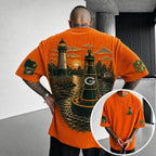 Unisex Loose-Fit Vertical-Stripe Short-Sleeve T-Shirt With Rugby Print