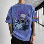 Unisex Oversized Anime-Print Vertical-Stripe Short-Sleeve T-Shirt
