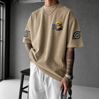 Unisex Oversized Anime-Print Vertical-Stripe Short-Sleeve T-Shirt